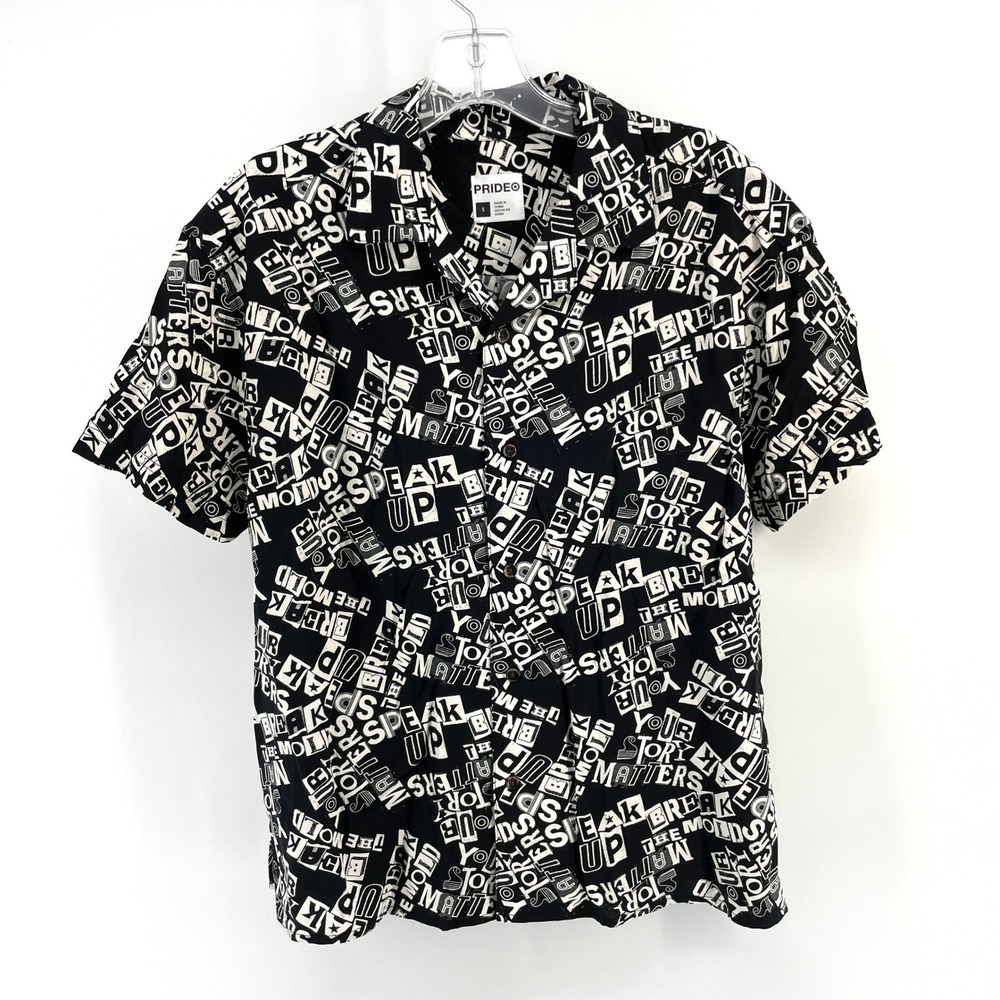 PRIDE Target Black White All Over Print Button Up Shirt Short Sleeve Women Small